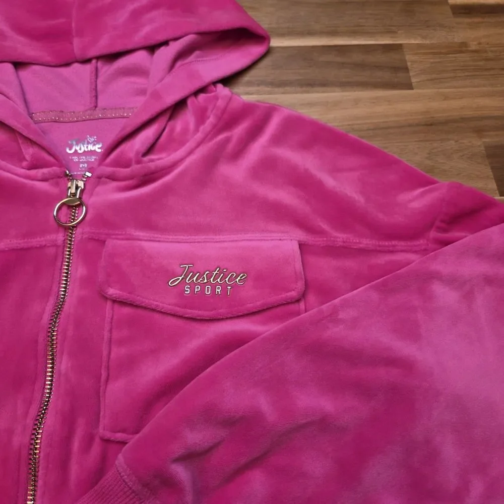 Justice Sport Girls 10 Pink Velour Full Zip Hoodie Jacket Y2K